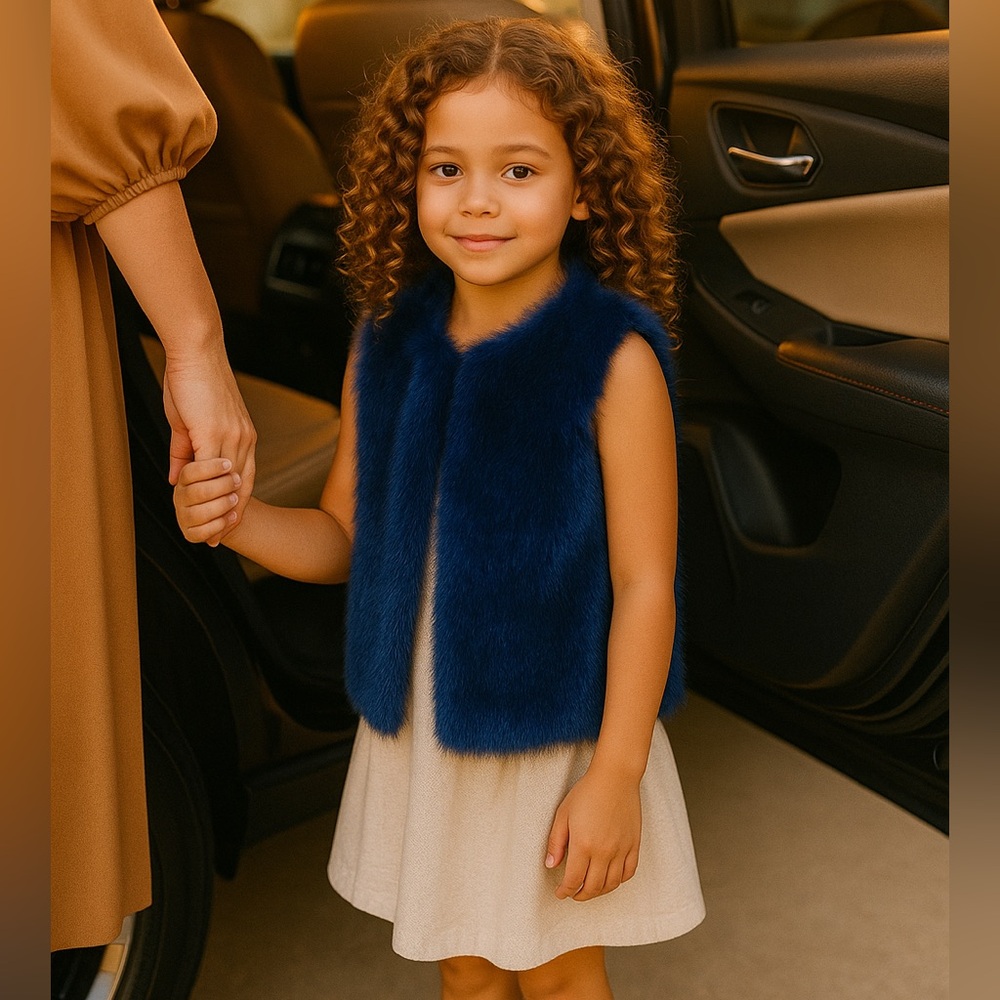 🆕🎀 C de C Faux Fur Baby Girl Vest Coat 4Y Blue